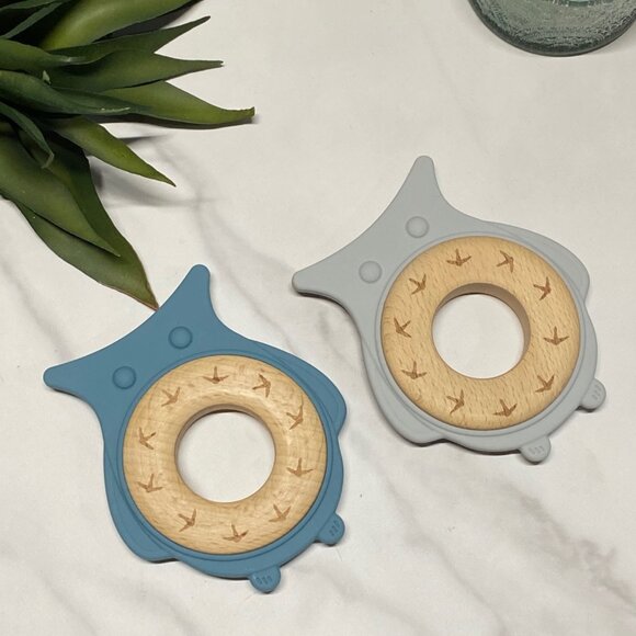 Woodland Owl Baby Teether Toys Set of 2, Gray, Blue, Sensory Baby Toy, Woodland - Picture 2 of 3